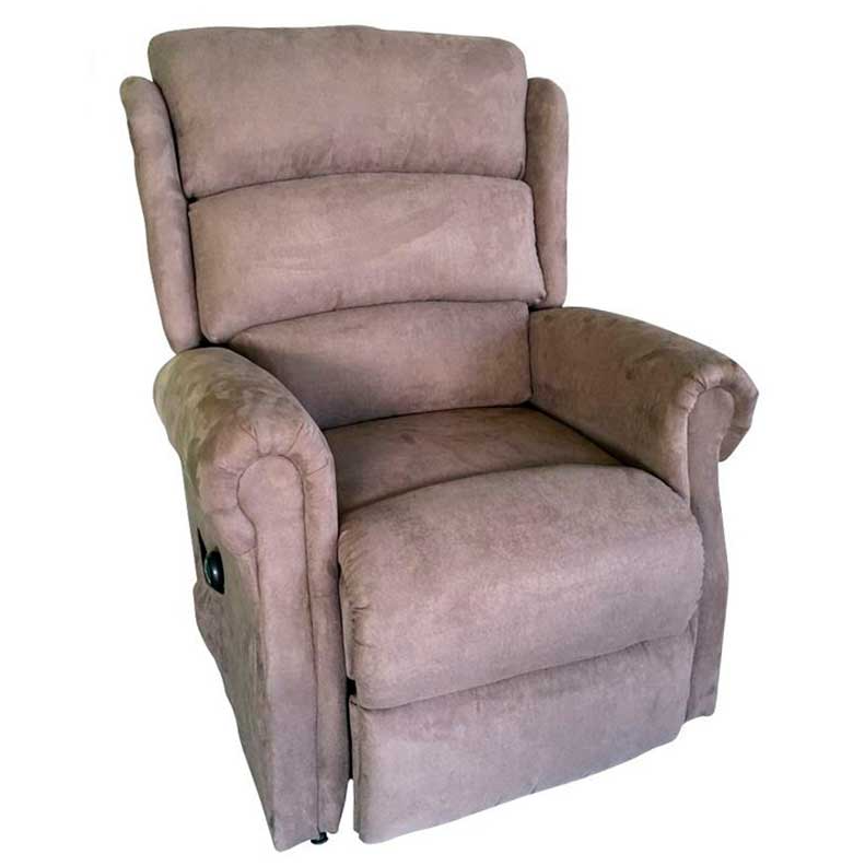 Sillón relax elevador eléctrico con respaldo ergonómico y tapizado en terciopelo color topo.